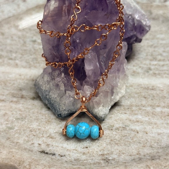 Artisan Jewelry - Handmade Turquoise Copper Wishbone Pendant Necklace